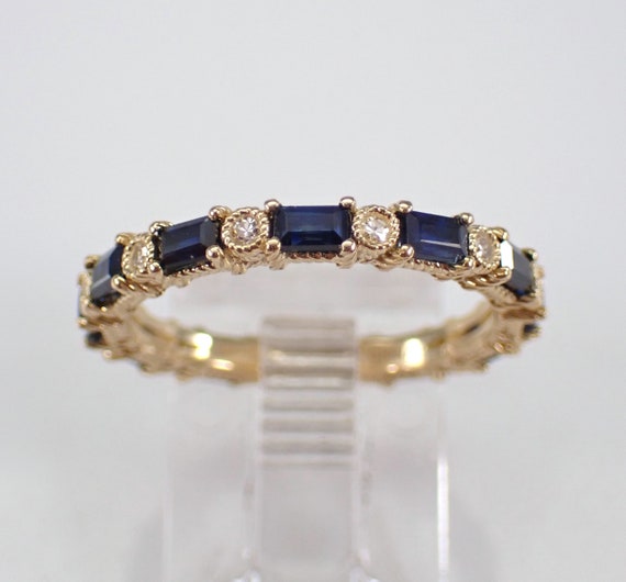 Sapphire and Diamond Wedding Ring - 14k Yellow Gold Gemstone Baguette Band - Anniversary Birthstone Jewelry Gift