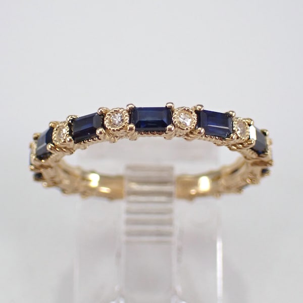 Sapphire and Diamond Wedding Ring - 14k Yellow Gold Gemstone Baguette Band - Anniversary Birthstone Jewelry Gift