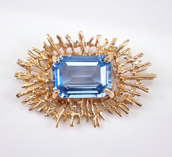 Antique 14K Yellow Gold Aquamarine Brooch - Vintage Emerald Cut Blue Aqua Gemstone Pendant - Nature Inspired Branch Twig Jewelry