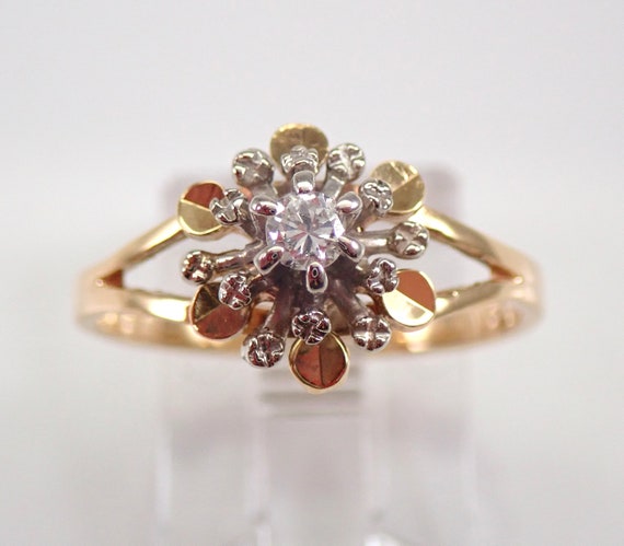 Antique Diamond Flower Ring - Vintage 18K Two Tone Gold Cluster Ring - Dainty Fine Jewelry Gift