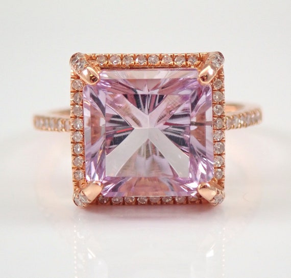 Princess Cut Amethyst Ring - Diamond Halo Engagement Ring - 14K Rose Gold February Birthstone Gift