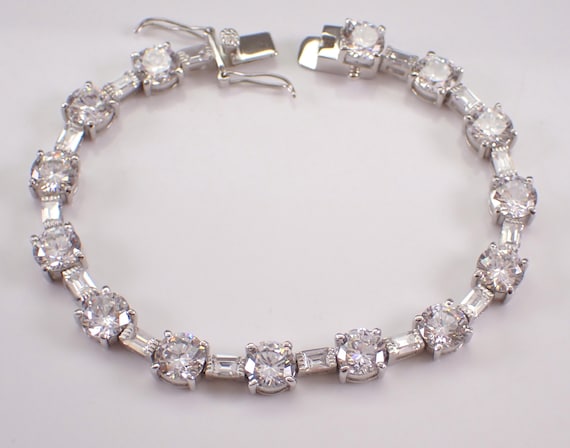 Vintage Sterling Silver Large Tennis Bracelet - Estate Cubic Zirconia Gemstone Link - Everyday Layering Jewelry Gift