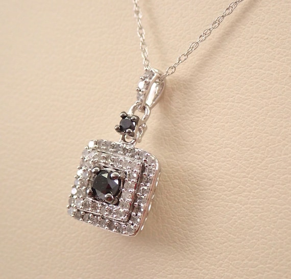 White Gold Black Diamond Pendant - Square Halo Dangle Charm Necklace - 18 inch Thin Choker Chain