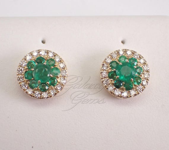 14K Yellow Gold Emerald and Diamond Stud Earrings, Gemstone Cluster Screwback Studs