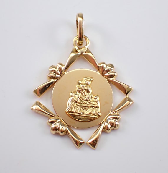 Vintage 18K Yellow Gold Our Lady of Pompeii Charm, Religious Miraculous Medal Pendant, Antique Virgin Mary Jewelry Gift