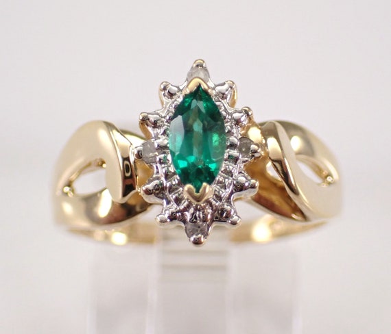 Dainty Emerald and Diamond Engagement Ring - Vintage 14K Yellow Gold Bridal Setting - May Birthstone Fine Jewelry Gift