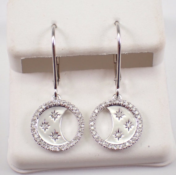 Diamond Dangle Earrings - White Gold Celestial Star Crescent Moon - Fine Jewelry Gift
