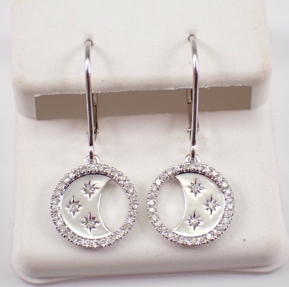 White Gold Diamond Dangle Earrings - Celestial Star Crescent Moon Charms - Unique Fine Jewelry Gift