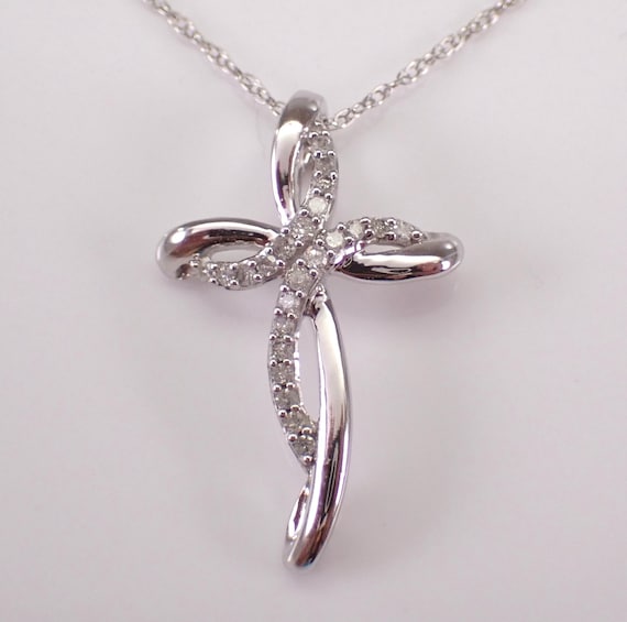 White Gold Diamond Cross Necklace, Unique Religious Charm Pendant and Chain, GalaxyGems Fine Jewelry Gift