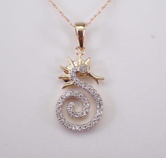 Yellow Gold Diamond Seahorse Charm, Unique Sea Horse Pendant and Chain, Unique Fine Jewelry Necklace Gift