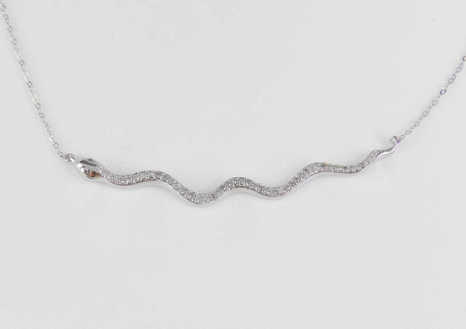 Diamond Snake Pendant Bar Necklace White Gold 17 Chain Unique Serpent Gift