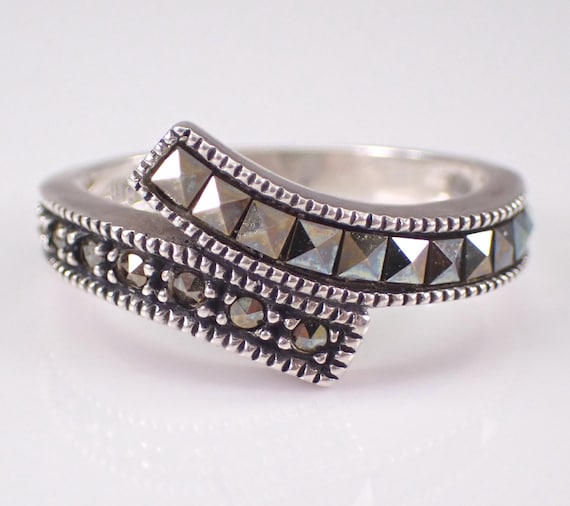 Vintage Sterling Silver Crossover Ring - Estate Marcasite Bypass Band