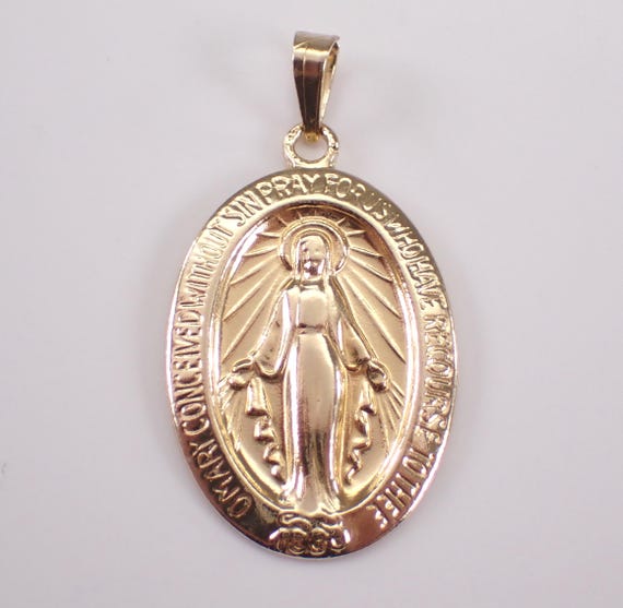 Vintage 14K Yellow Gold Miraculous Medal Charm - Religious Virgin Mary Oval Disk Pendant for Necklace or Bracelet