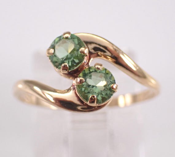 Vintage Yellow Gold Peridot Pinky Ring: Two Stone Estate Bypass Band