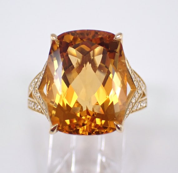 14K Yellow Gold Citrine and Diamond Ring - Large Engagement Promise Setting - Unique Gemstone Fine Jewelry Gift
