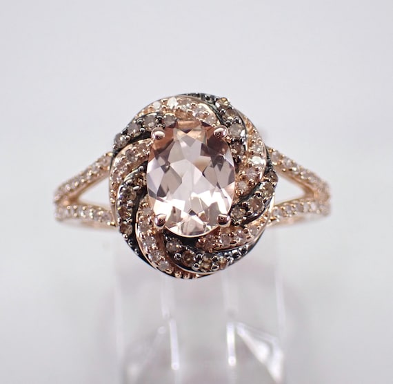 Rose Gold Pink Morganite Engagement Ring - Bridal Halo Brown Diamond Setting - GalaxyGems Fine Jewelry Gift