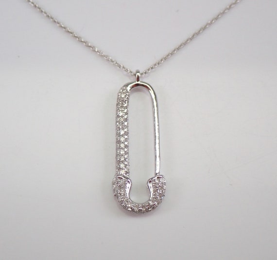 Diamond SAFETY PIN Necklace, 14K White Gold Good Luck Pendant