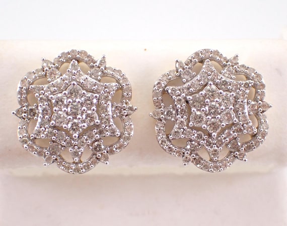 Yellow Gold Diamond Cluster Stud Earrings: Unique Flower Snowflake Star Studs