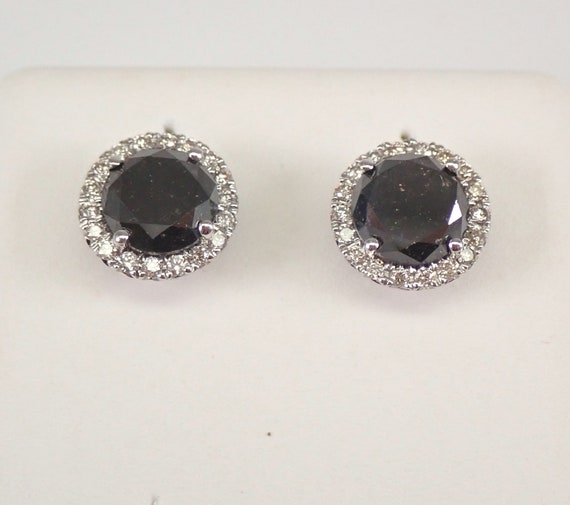 Black Diamond Stud Earrings, Solid White Gold 2 1/2 carat Halo Studs