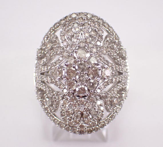 White Gold Diamond Cocktail Cluster Ring: Large Wedding Anniversary Cigar Band