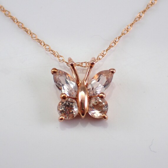 Morganite Butterfly Pendant and Chain - Solid Rose Gold Butter Fly Necklace - Unique Dainty Pink Gemstone Choker Charm