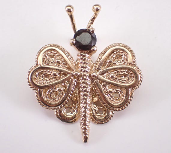 14K Yellow Gold Garnet Butterfly Pendant, Unique Estate Slide Charm for Necklace