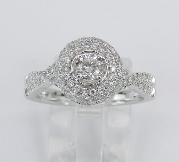 Genuine Diamond Engagement Ring - White Gold Bridal Jewelry - Genuine Round Brilliant Pave Set Halo Setting