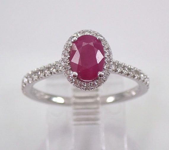 Diamond and Ruby Halo Engagement Ring 14K White Gold Size 6.75 July Birthstone FREE Sizing