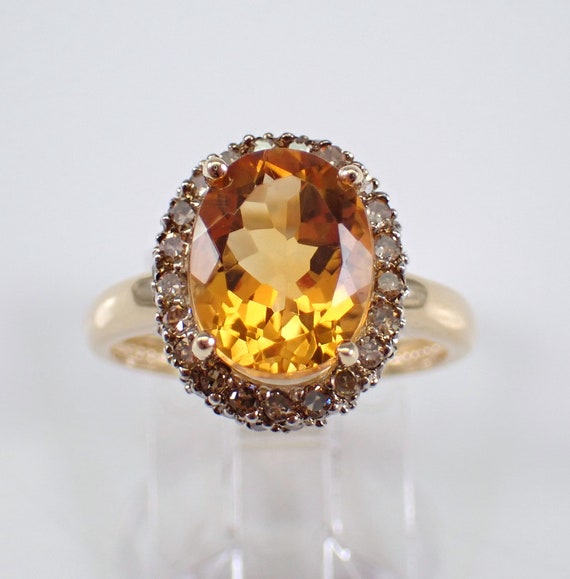 Citrine and Champagne Diamond Ring - Genuine Halo Engagement Setting - 14K Yellow Gold November Gemstone Jewelry Gift