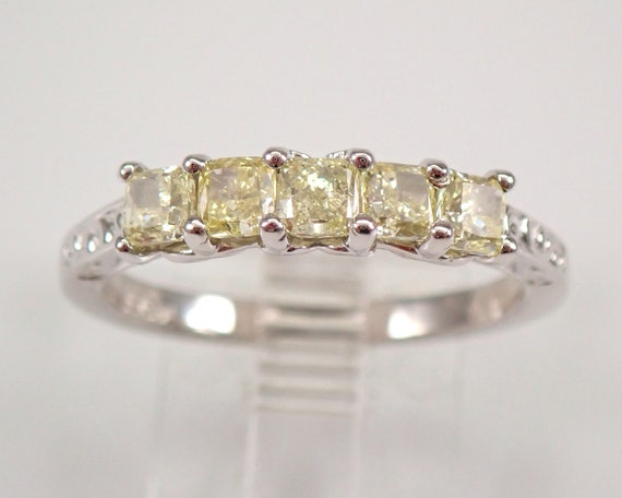 14K White Gold 5-Stone Canary Cushion Cut Diamond Wedding Ring Anniversary Band Size 7