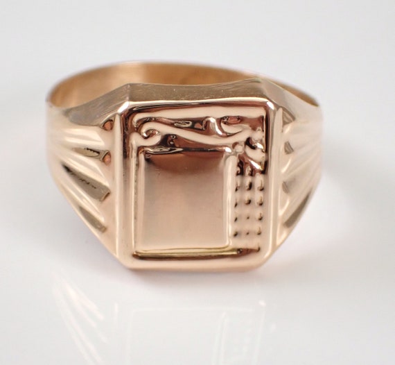 Vintage 14kt Rose Gold Signet Ring, Antique Unisex Square Engravable Pinky Ring