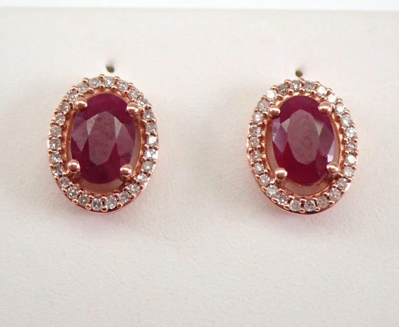 Rose Gold Ruby and Diamond Earrings, Unique Gemstone Halo Studs, July Birthstone Jewelry Gift