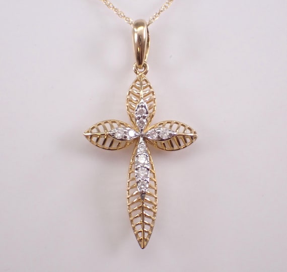 14K Yellow Gold Diamond Cross Pendant, Religious Dainty Charm Necklace and Chain