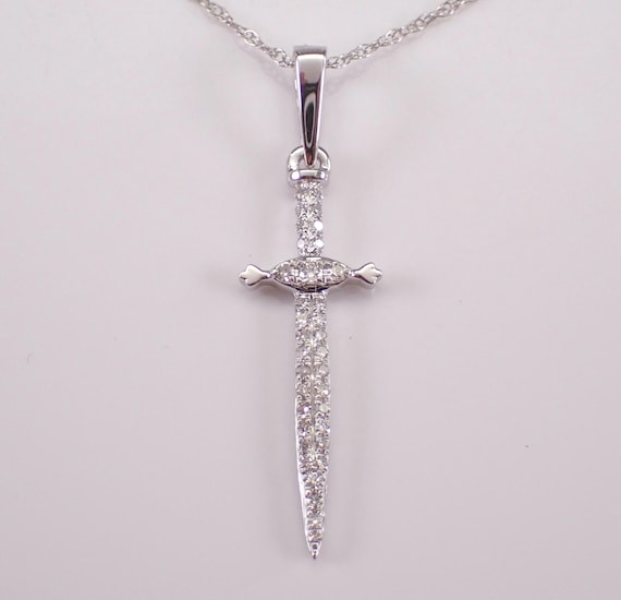 White Gold Diamond Dagger Pendant and Chain, Spear Blade Knife Charm Necklace, Unique Dainty Jewelry Gift