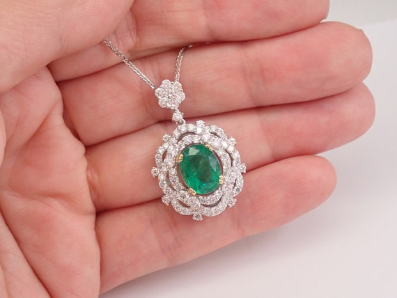 Genuine Green Emerald Necklace - 18K White Gold Diamond Halo Pendant - May Birthstone Gift - Gemstone Fine Jewelry