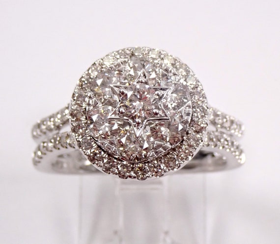 White Gold Diamond Engagement Ring - Round Cluster Bridal Halo Setting - Unique Promise Fine Jewelry Gift