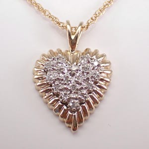 14K Yellow Gold Diamond Heart Necklace - Vintage Cluster Charm Pendant and Chain - Estate Anniversary Fine Jewelry Gift