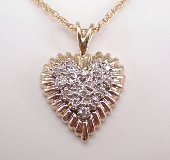 14K Yellow Gold Diamond Heart Necklace - Vintage Cluster Charm Pendant and Chain - Estate Anniversary Fine Jewelry Gift