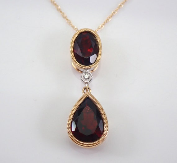 Garnet Teardrop Pendant Necklace - 14K Yellow Gold Diamond Accent - January Birthstone Gift