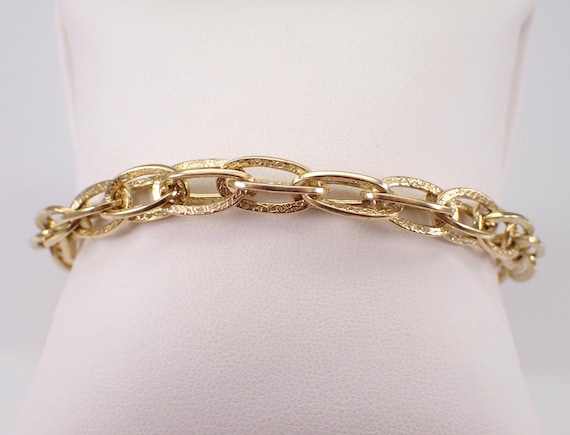 Vintage 18K Yellow Gold Bracelet - Unique Textured Simple Layering Link - Large Singapore Style Charm Chain