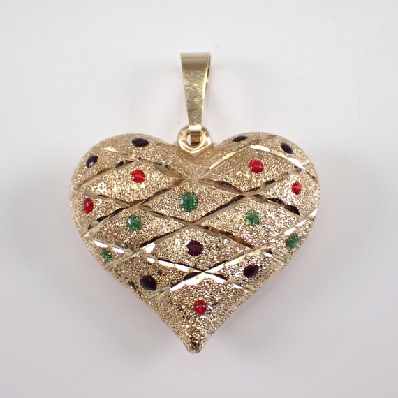 Vintage Yellow Gold Heart Charm - Estate Enamel Puffy Heart Pendant for Bracelet or Necklace