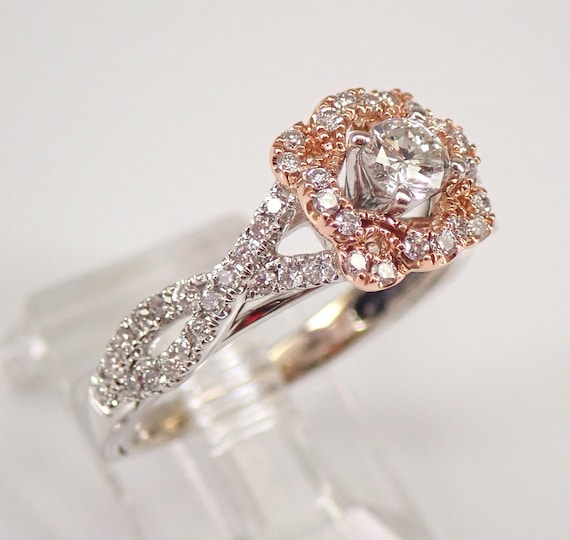 14K Gold Diamond Engagement Ring - Two Tone Halo Flower Setting - Dainty Bridal Fine Jewelry Gift