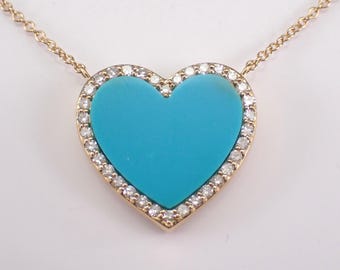 Yellow Gold Turquoise and Diamond Heart Necklace: Gemstone Station Charm Pendant and Chain