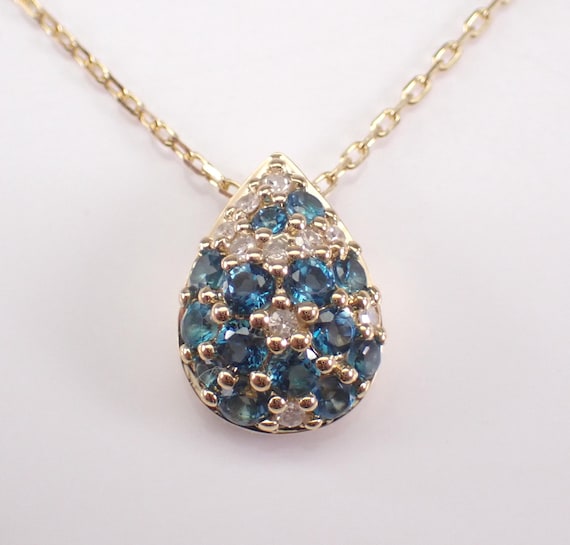 Yellow Gold Blue Topaz Teardrop Pendant: Dainty Diamond Charm Necklace Chain