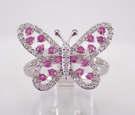 White Gold Pink Sapphire Butterfly Ring - Unique Diamond and Gemstone Band - GalaxyGems Fine Jewelry Gift