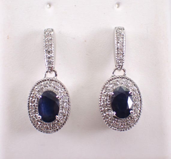 Sapphire and Diamond Dangle Earrings - 14K White Gold Teardrop Fine Jewelry - September Birthstone Gemstone Gift