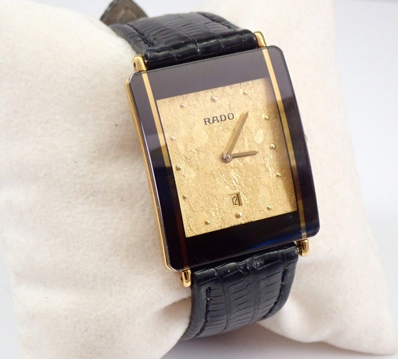 Vintage RADO DiaStar Watch, Unisex Gold Nugget Face Dial Swiss Quartz Wristwatch, Black Leather Strap Watch Band