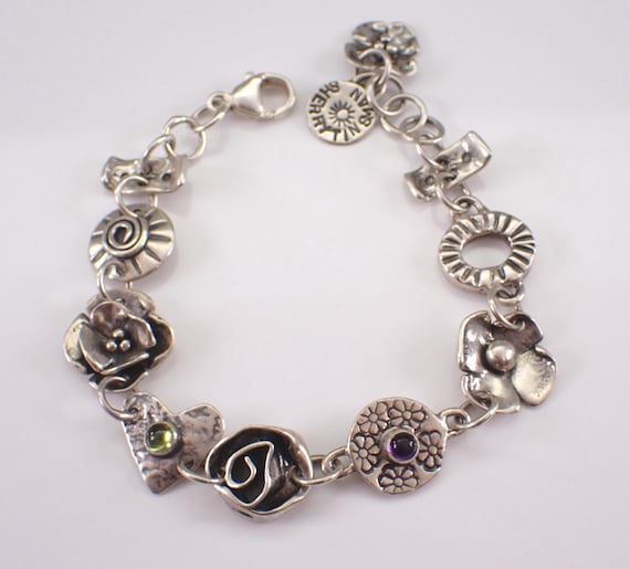 Vintage Sterling Silver Sherry Tinsman Charm Bracelet - Estate Gemstone Artisan Flower Layering Link