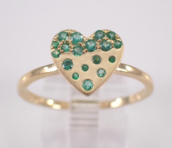 Yellow Gold Emerald Heart Ring: Dainty Signet Style Promise Band