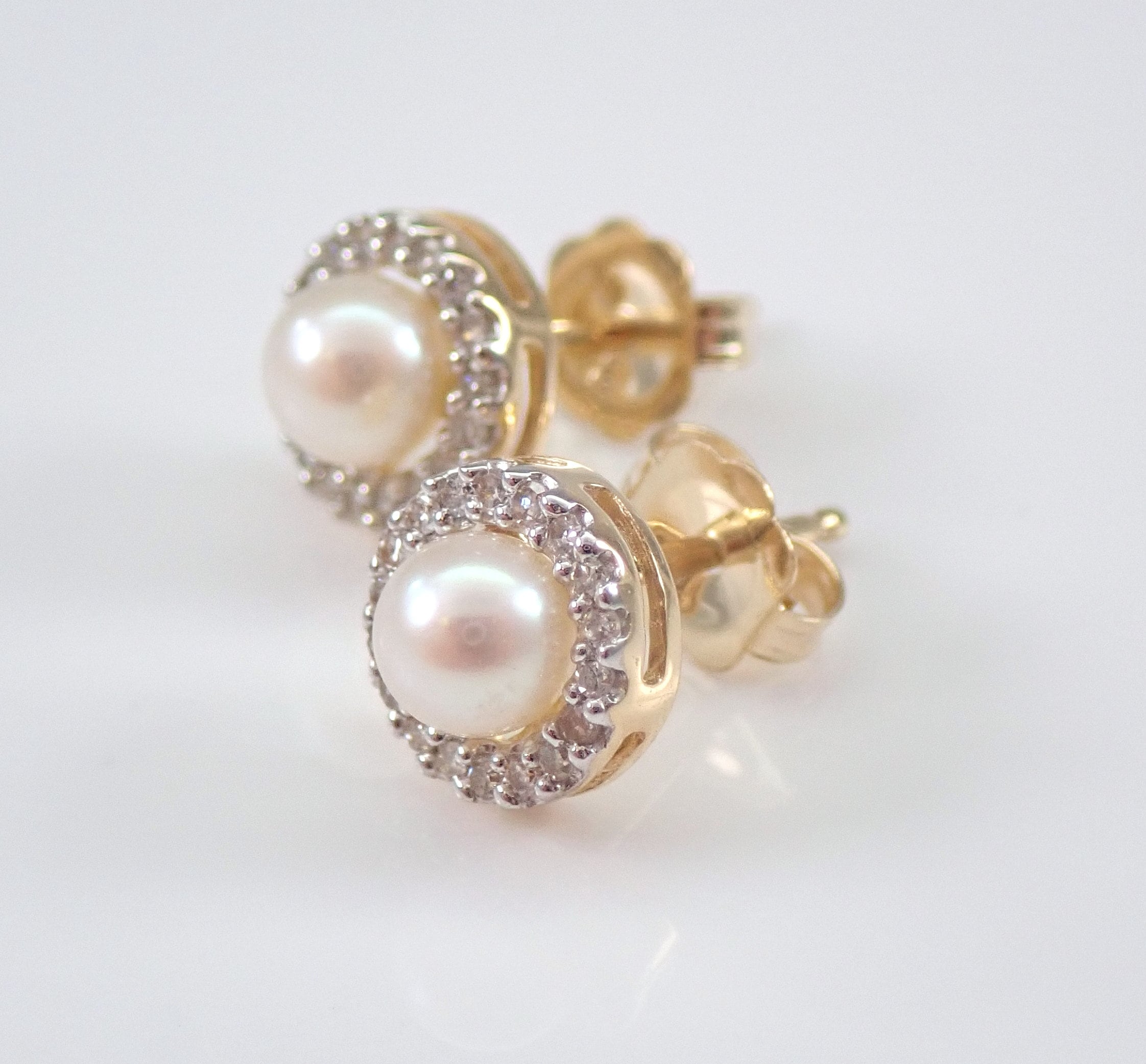 Pearl And Diamond Halo Stud Earrings K Yellow Gold June Birthstone